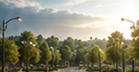 Landscaped boulevard with flowering trees inside the KBEHCS layout